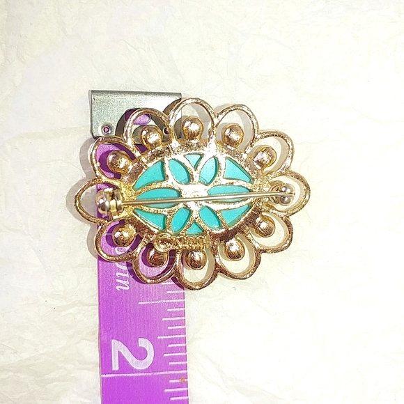 SARAH COVENTRY FAUX TURQUOISE & PEARL PIN BROOCH - Picture 3 of 5